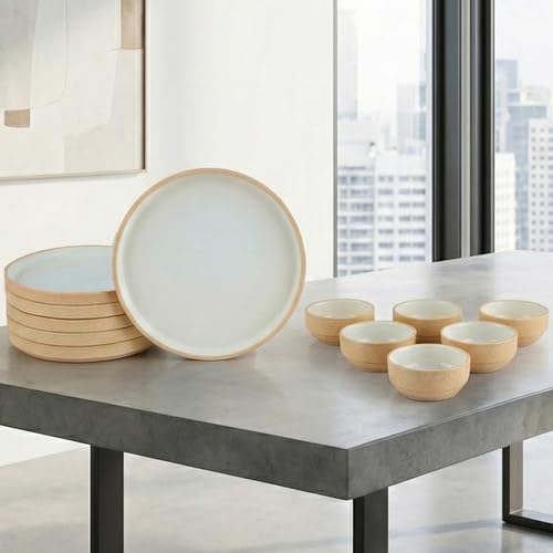 Image of BlackCarrot Ceramic Dinner Set, 12 Pcs, Beige White, Bone China Free