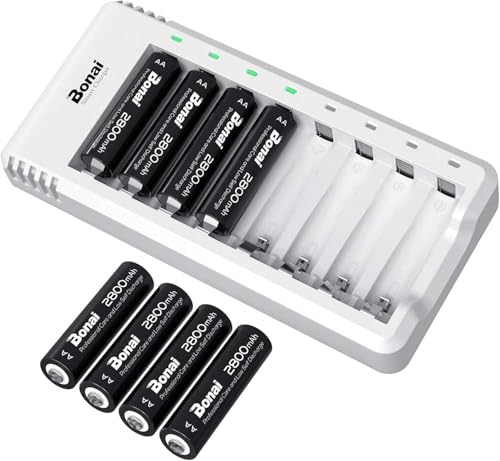 BONAI Cargador de Pilas Recargables con 8 Piezas de 2800mAh AA Ni-MH Pilas Recargables, 8 Ranuras Independientes con Luces LED(Carga rápida USB)
