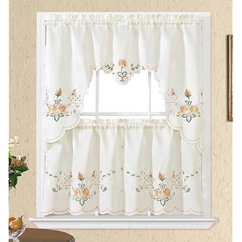 GOHD Rose Fragrance 3pcs Multi-Color Embroidery Curtain with cutworks, Swag Valance and Tier Set,Satin Fabric,Multi-Color Kitchen Cafe Curtain Set（Gold Cover