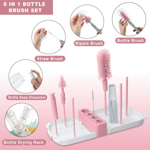 Image of TONY STARK Baby Non-Toxic, Bottle Cleaning Brushes Set with Stand for Baby Milk Bottle, Nipple, Straw,Silicone Bristle Bottle Cleaner Brush for Movable Cleaning (Blossom Bear (Pink))