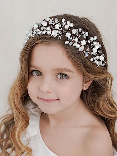 IYOU Flower Girl Headband Silver Floral Pearl Headpiece Crystal Bridal Hair Vines Princess Communion Wedding Hair Accessories for Kids