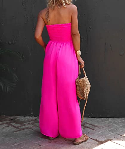 Hongqizo Womens Sleeveless Strapless Wide Leg Jumpsuits Summer Casual Loose Smocked Chiffon Jumpsuit Rompers With Pockets #TOP4