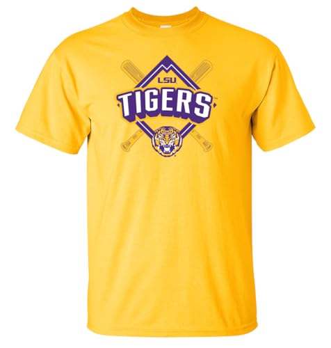 CornBorn LSU Baseball Shirt - LSU Shirt for Men - Tshirt for Men - Diamond Crossed Bats - Gold - Large