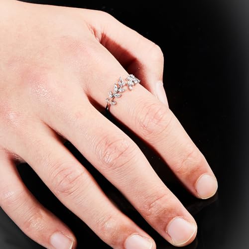 Adjustable S925 Sterling Silver Ring for Women,Branch Leaves Band Stacking Finger Ring,Paved Cubic Zirconia Stone Stackable Open Ring4