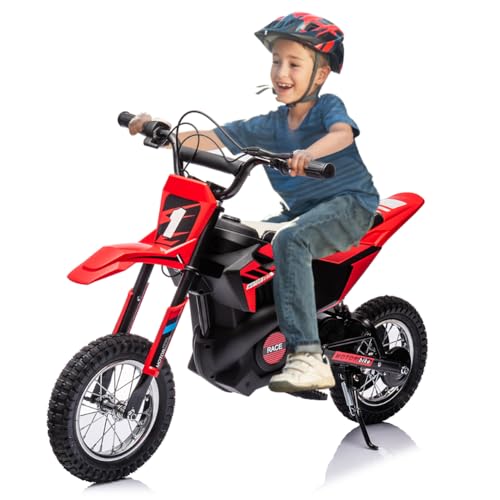 Image of Garvee 24V Kids Electric Off-Road Motorcycle, Ride on 250W Motor 13.6MPH | Fast Speed Dirt Bike, Leather Seat, Twist Grip Throttle, Metal Suspension, Air-Filled Tires for Kids Teens Riding Toy, Red