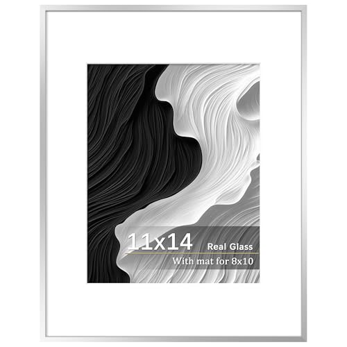 Tinkeps 11x14 Picture Frame Silver Aluminum 11 x 14 Poster Frame with Real Glass 8x10 Metal Frame with Mat for Wall Display Vertical & Horizontal