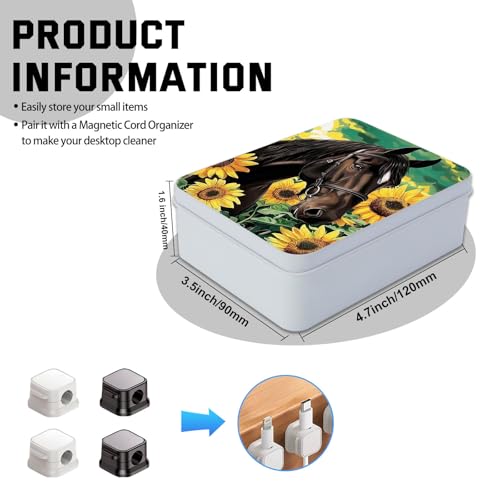 Image of Metal Tin Box with Lid for Game Cards Home Organizer Candles Keys Crafts Storage - Equipped with 4 Magnetic Cord Clips,Horses and Sunflowers