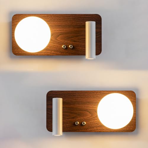 Mjsdjof 2 Way Wall Sconces, A Pair of Wall Mounted Reading Light with Glass Globe Shade - LED Bedroom Bedside Wall Lamp with Switch, Adjustable Headboard Wall Lights for Hotel Study Room