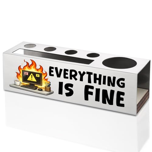 FOKCBOCM Funny Office Pen Holder with Everything Is Fine Quote, Stainless Steel Desk Organizer for Work Stress Humor, Sarcastic Workspace Decor Gift for Coworker-DS130