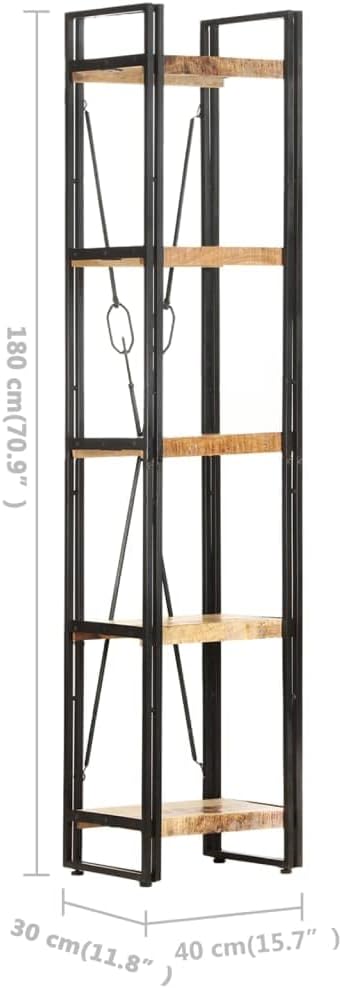 vidaXL Solid Mango Wood 5-Tier Bookcase- Industrial Design, Sturdy Powder-Coated Steel Frame, Versatile Storage Solution, Assembly Required, Brown