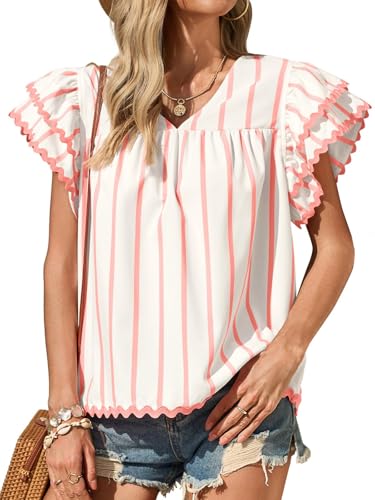 Tankaneo Womens Ruffle Short Sleeve Blouse V Neck Striped Pleated Trim Shirts Summer Casual Loose Fit Tops