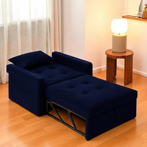 Image of FURNY Tressa 1 Seater Fabric Pull-Out Sofa Cum Bed (Dark Blue) - Premium Velvet Finish - Durable Comfort - Ideal for Living Room
