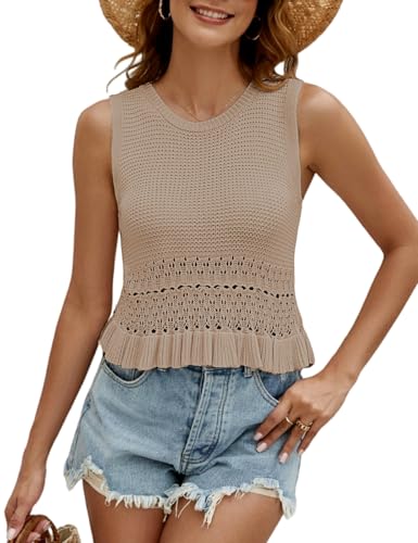Image of CiCiBird Women Cute Crop Sweaters Vest Knit Sleeveless Pullover Tops Crochet Ruffle Hem Tank
