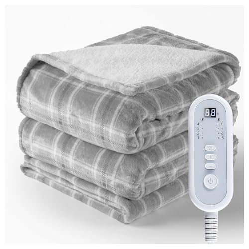 Heated Blanket Electric Twin, Heating Blanket with 8 Fast Heating Levels & 10 Hours Auto Shut-Off, Grey White Plaid Washable Warm Soft Flannel Blanket Gift for Couch Bed Office, ETL Certified