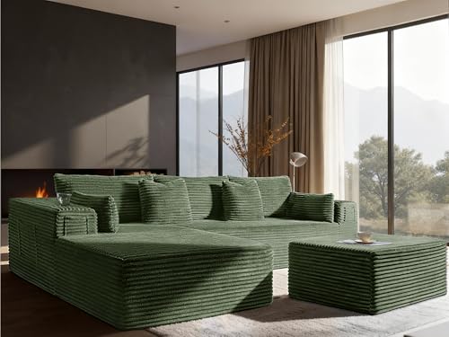 Image of Oversized 108 inch Cloud Sectional Couch, Comfort U Shaped Boneless Couch for Living Room, Extra Deep Seats No Assembly, Modular Sofa, Corduroy (Olive Green, 2 Seater+Left Facing Chaise+Ottoman)