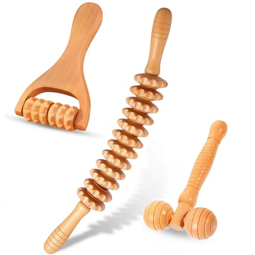 Wooden Massage Roller Tools 3 Pcs Wood Therapy Massage Tools Anti Cellulite Body Sculpting Tools Back Massage Muscle Roller Tool Neck Arms Legs for Body Stress Relief