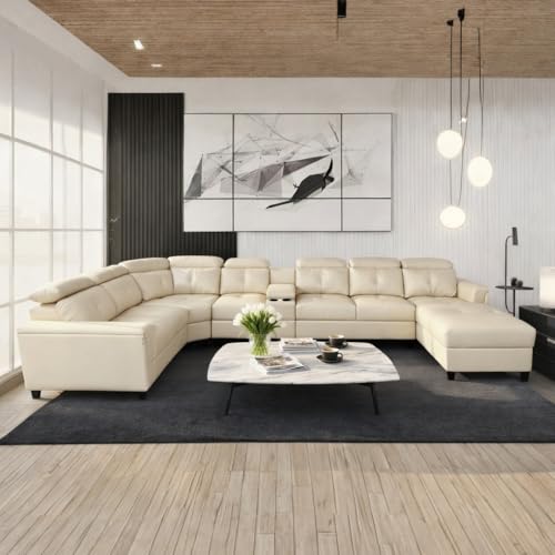 Image of Mishel 12 Seater Sofa Set for Living Room | Sectional U Shaped 12 Seater Sofa with Storage & Cupholder (Cream Leatherette, RHS)