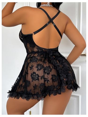 Women's Plus Size 2 Piece Babydoll Lingerie Sets Floral Lace Sheer Mesh Ruffle Nightdress with Panty2