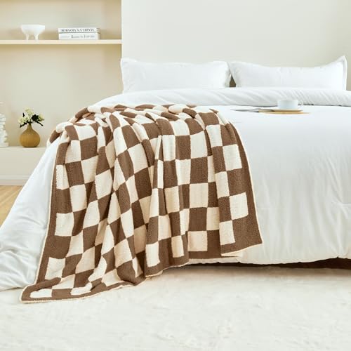 Image of CozeCube Brown White Reversible Checkered Knit Throw Blanket 50 inchx60 inch