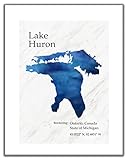 Lake Huron Wall Art Print. 11x14 UNFRAMED Giclee Watercolor Aesthetic Minimalist Decor with Map Coordinates. Navy, Blue, Gray & White Michigan, Ontario Canada Lake-Themed Gift.