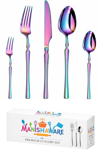 Image of Elegant Handle Rainbow 5 Pcs Stainless Steel Cutlery Set for Dining Table, Dishwasher Safe Glossy Flatware (1 Spoon Set+1 Forks Set+1 Butter Knife+1 Dessert Spoon+ 1 Fruit Fork)