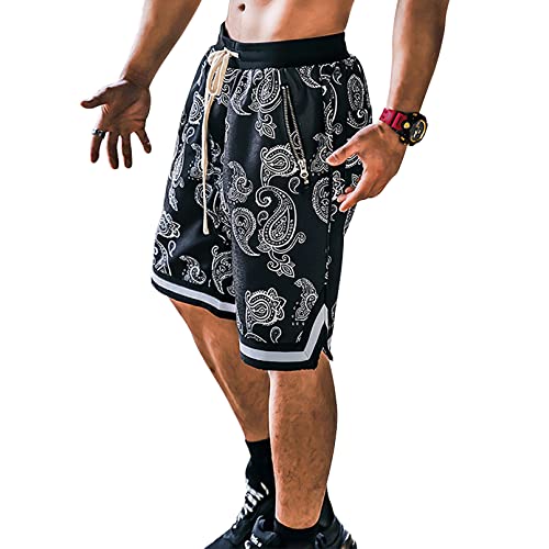 BOOMLEMON Men's Paisley Shorts Athletic Workout Basketball Shorts Casual Print Running Short Pants(Black L)