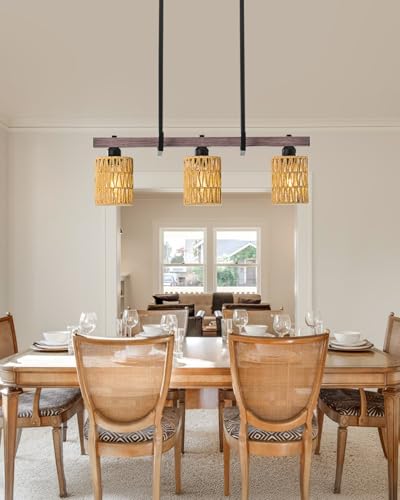 3-Light Kitchen Island Light Fixture, Linear Chandelier for Dining Room, Rustic Pendant Light Over Table, Handmade Woven Farmhouse Wicker Chandelier, Dark Wood Finish for Kitchen Island - image 7