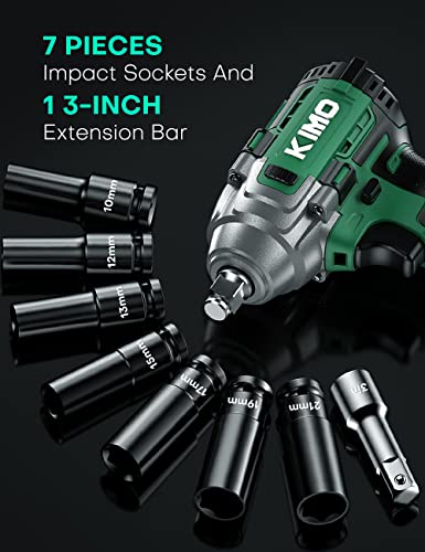 Kimo Cordless Impact Wrench, 3000 Rpm, 1/2 Impact Gun With 3.0Ah Li-Ion Battery, 7 Drive Impact Sockets, 3 Inch Extension Bar, 1 Hour Fast Charger,1/2 Impact Driver W/Max Torque 260 Ft-Lbs (350N.m) #TOP4