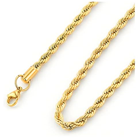 Rope Chain Men, Non Tarnish 18K Real Gold Plated Necklace, Stainless Steel Chain Women, Twist Rope Necklaces, 2.5mm 20 inch, Cheap Jewelry, Gift for Boy Husband Son, Ldurian Cover