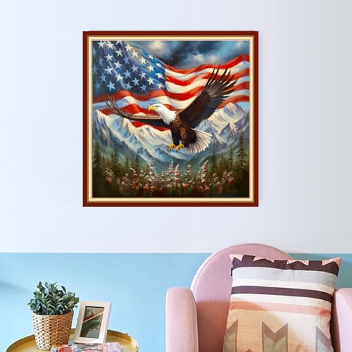 Image of Joyhoor Cross Stitch Kits for Beginners Stamped Cross-Stitch Supplies Needlework preprint Embroidery Kits for Adults DIY Needlepoint Kits Embroidery Patterns 11CT-Eagle Flag 18x18 inchs