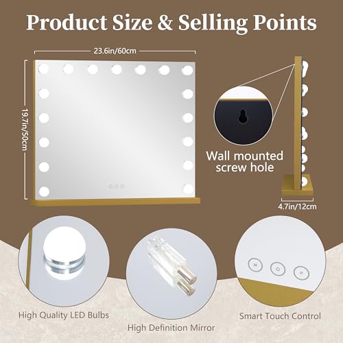Image of Vanity Mirror with Lights 23.6''x20.5'' Makeup Mirror with Lights Lighted Up Mirror with Dimmable Bulbs,3 Color Lighting Modes,USB Charging Port Touch Control Design Gifts for Women Gold