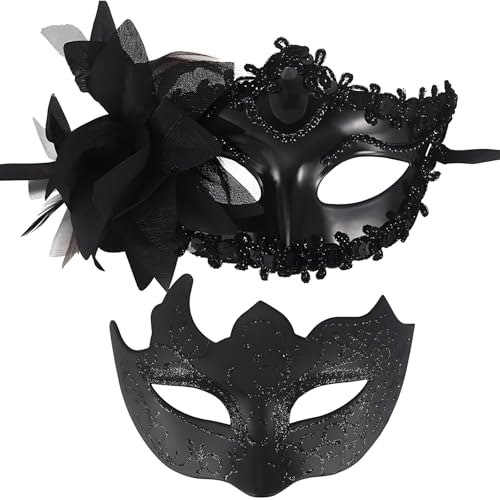 wugongshan 2 Pcs Masques de Mascarade en Dentelle Noire, Masques de Soirée Vénitiens Sexy pour Femmes, Convient aux Hommes et Femmes pour Fêtes Costumées