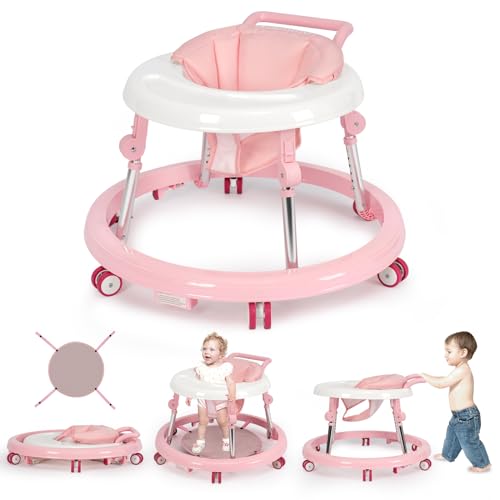 Image of Wismind Baby Walker Foldable with 9 Adjustable Heights, Baby Walkers and Activity Center for Girls Boys Babies 7-18 Months, Baby Walker with Wheels Portable Anti-Rollover (Pink)