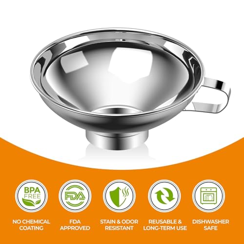 Image of Curated Cart Small Canning Funnel for Wide Mouth and Regular Mason Jars, Stainless Steel Kitchen Use Funnels with Strainer for Filling Bottles, Metal Funnel Set for Oil, Powder, Jam, Grains