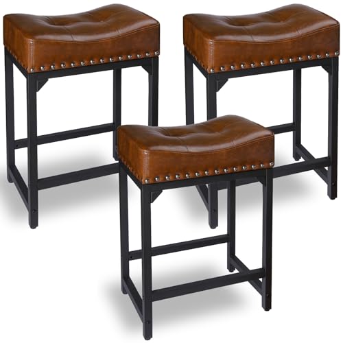 Image of Bar Stools Set of 3, Counter Height Bar Stools for Kitchen Counter, 24 Inch Saddle Backless Barstools Kitchen Stool, Counter Height Stool for Dinning Room, Island-Brown