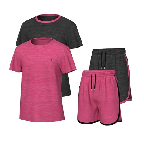 Girls Clothing Sets Tagless Loose Athletic Performance Crew Neck T-Shirt and Short Outfits Size 5-14 (4 Piece Set)