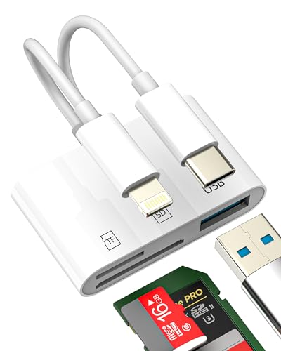 【Doppia Interfaccia USB-C e per lightning】Supporta tutti i dispositivi con interfaccia USB-C/per lightning, inclusi iPhone16/15/14/13/12/11/X pro max, iPad air pro mini, Samsung e altre diverse marche di telefoni cellulari, tablet e computer, questo lettore di schede permette di trasferire rapidamente foto e video dai dispositivi di archiviazione. (Nota！！！ Solo la porta per lightning supporta iOS13 e sistemi successivi.)