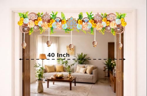 Image of Divyakosh Handmade Flower Toran for Door 40 Inch | Lotus Floral Bandhanwar with Hanging Beads | Door Hanging for Home Entrance | Diwali, Wedding, Festive Decoration | Traditional Indian Wall Decor