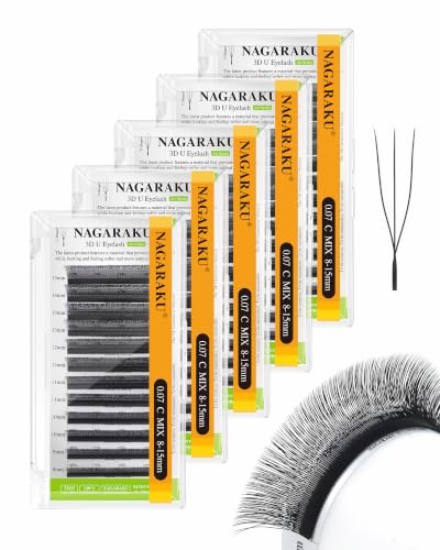 NAGARAKU 3D U Lash Extensions 0.07 C 8-15mm Mix 5 Trays/Pack Matte Black