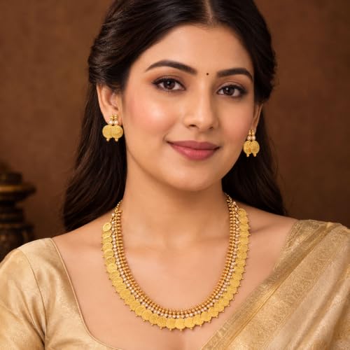 Image of ZENEME Jewellery Set Gold Plated Long Traditional Maharani Beads Studded Temple Coin Necklace Set with Earrings Jewellery For Women & Girls