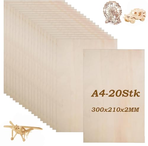 JMIATRY 20 Piezas Madera Contrachapada 2mm, Tablero Madera A4, Tablero Contrachapado 300X210mm, Tablones De Madera, Tablero Contrachapado Marino Para Carpintería de Bricolaje, Procesamiento Láser