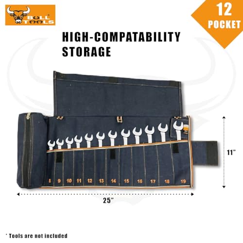 Image of BULL TOOLS Metric Ratcheting Wrench Set (8-19mm), 12-Pocket Roll, with Zip Pouch, Made from Durable Recycled Cotton Canvas for Mechanics, DIYers, and Home Use - Navy Blue