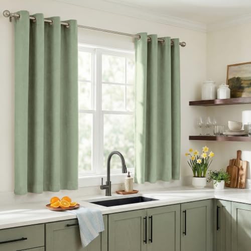 Image of 100% Blackout Short Small Linen Curtains 54 Inch Long, Sage Green