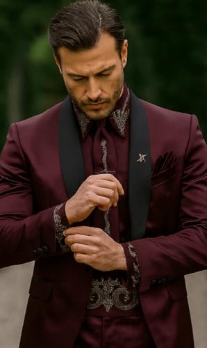 Sateen Fabric Suit - Shiny Tuxedo - Prom Suit - Groom Tuxedos - Burgundy4