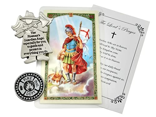 Laminated St Florian Prayer Card - with Guardian Angel Firefighter