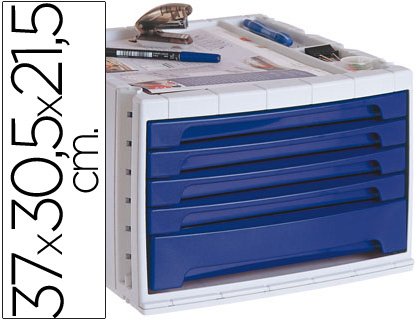Q-Connect - Fichero Cajones De Sobremesa 37X30,5X21,5 Cm Bandeja Organizadora Superior 5 Cajones Azul Opaco