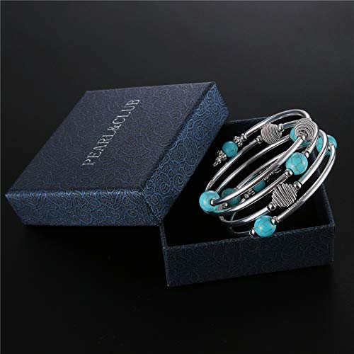 PEARL&CLUB Beaded Chakra Bangle Turquoise Bracelet - Fashion Jewelry Wrap Bracelet with Thick Silver Metal and Mala Beads, Birthday Gifts For Women(63-Turquoise Blue) - Thumbnail 6