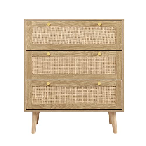 Anmytek 3 Drawer Dresser for Bedroom, Rattan Dresser Modern Wood Chest of Drawers with Spacious Storage for Bedroom Hallway Living Room, Rustic Oak, H0027 - Image 8