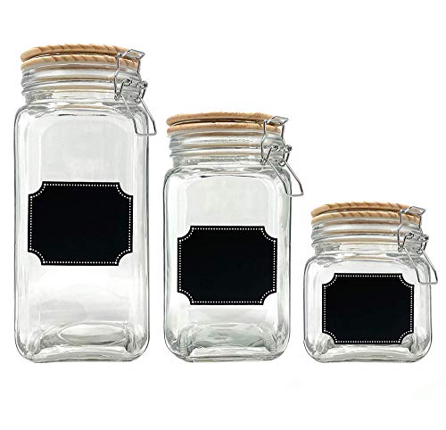 Glass Canister Jars with Airtight Wood Lid and Chalkboard Labels Set of 3 Clear Containers for Farmhouse Kitchen Countertop and Pantry Food Storage 58 oz 42 oz 26 oz