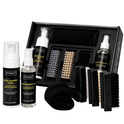 TWINSKY 6-in-1 Shoe Cleaning Kit,Compatible with Birkenstock, with Plant-Based Foam, Deodorizing Spray, 3 Brushes & Microfiber Towel, for Sneaker, Leather, Nubuck, Boot, Suede, Athletic Shoes,etc